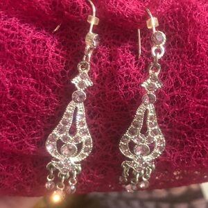 Source Unknown Chic Silver tone and Pink Rhinestone Chandelier Ornate Earrings